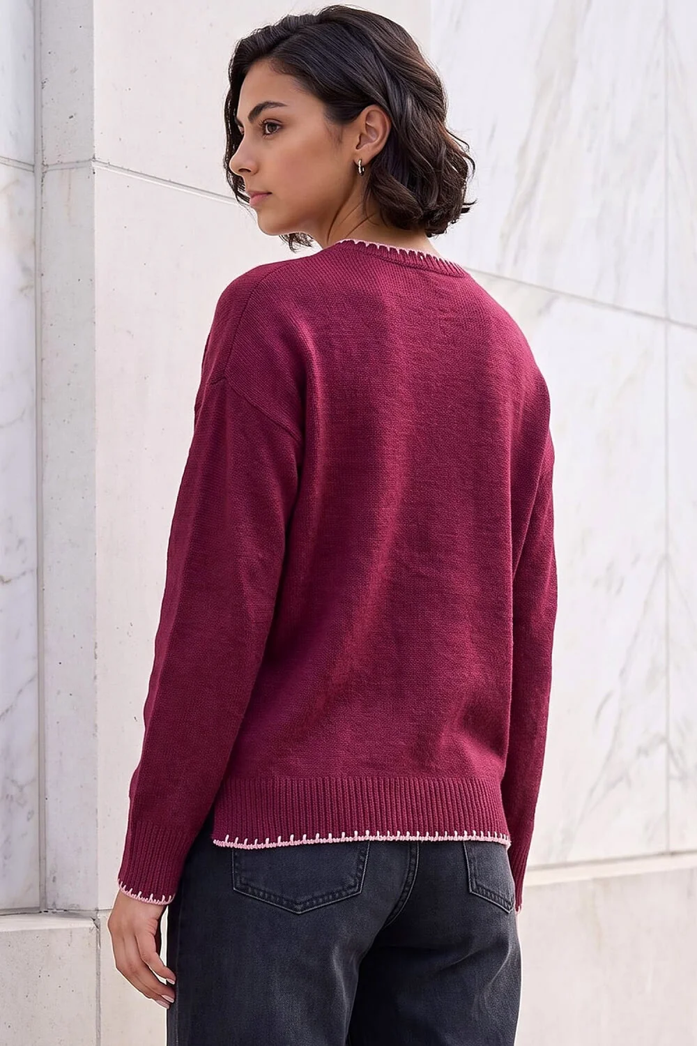 Roman Burgundy Contrast Stitch Bow Knit Jumper - 18 Image 3