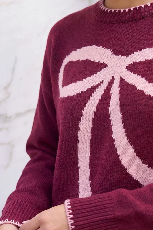 Roman Burgundy Contrast Stitch Bow Knit Jumper - 18 Image 4