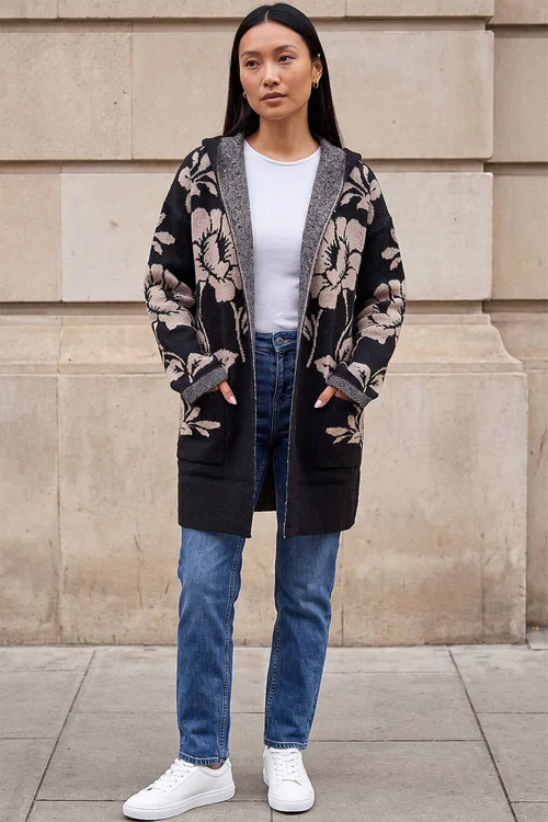 Roman Black Floral Hooded Knit Cardigan - 10 Image 2