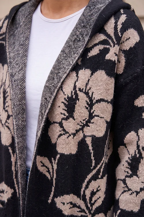 Roman Black Floral Hooded Knit Cardigan - 10 Image 4