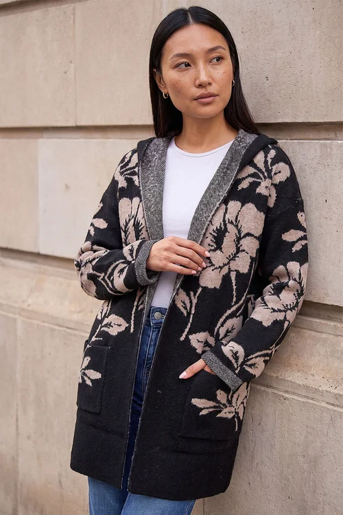 Roman Black Floral Hooded Knit Cardigan - 10 Image 1
