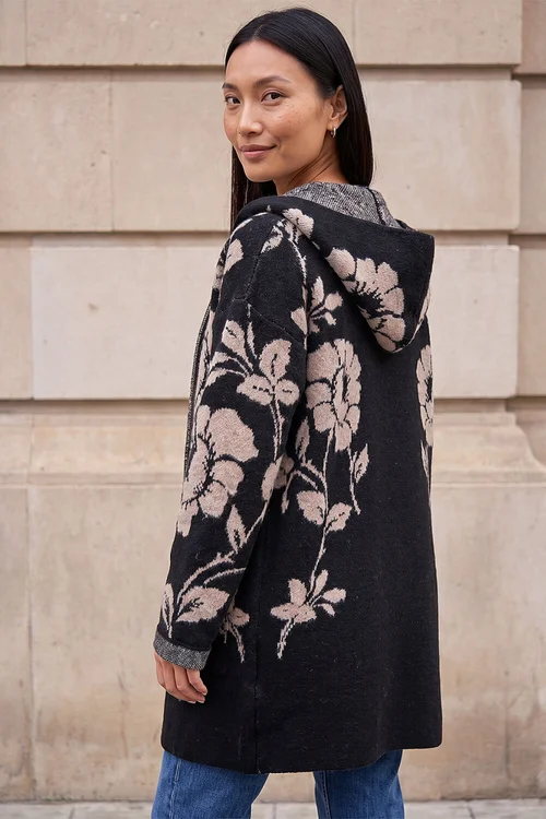 Roman Black Floral Hooded Knit Cardigan - 10 Image 3
