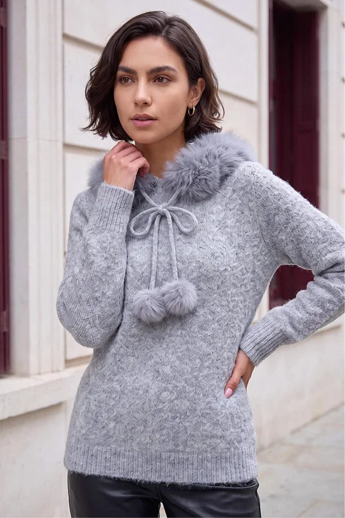 Roman Grey Faux Fur Hooded Knit - 20 Image 2