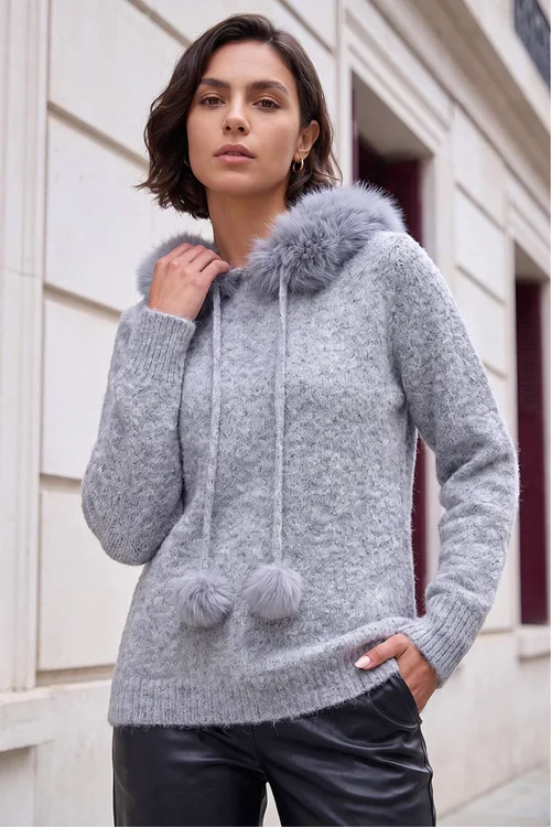 Roman Grey Faux Fur Hooded Knit - 20 Image 1