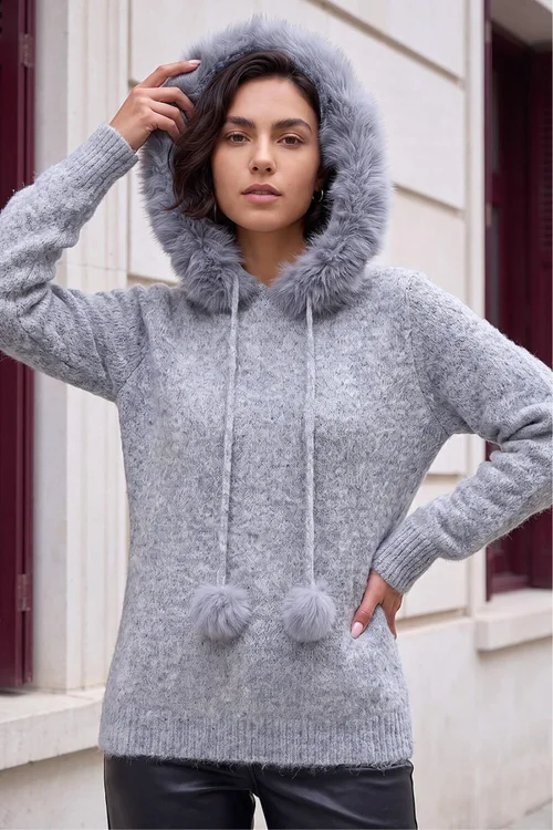 Roman Grey Faux Fur Hooded Knit - 20 Image 3