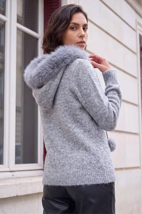 Roman Grey Faux Fur Hooded Knit - 20 Image 4