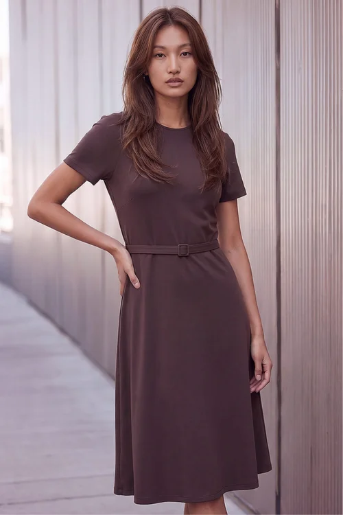 Roman Chocolate Ponte Belted Short Dress - 10 Image 2
