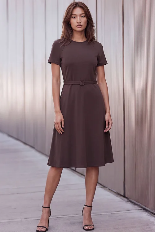 Roman Chocolate Ponte Belted Short Dress - 10 Image 1