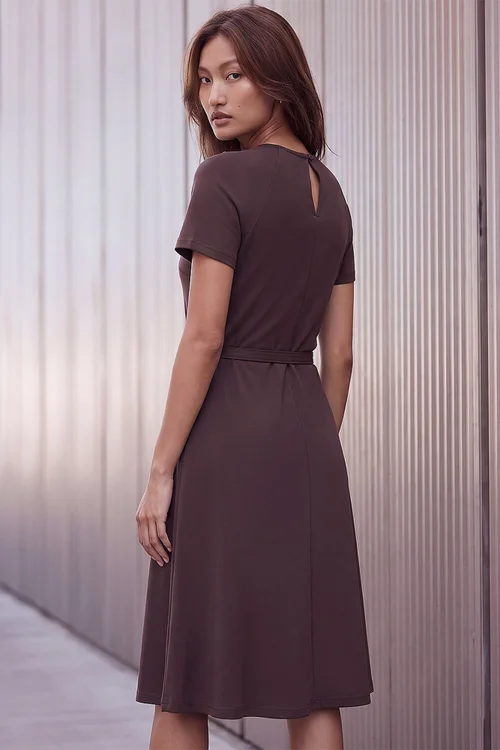 Roman Chocolate Ponte Belted Short Dress - 10 Image 3