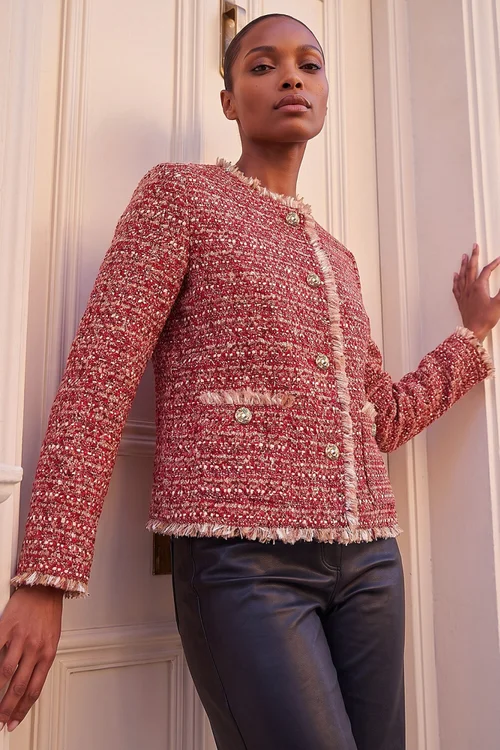 Roman Red Frayed Edge Boucle Jacket - 16 Image 1