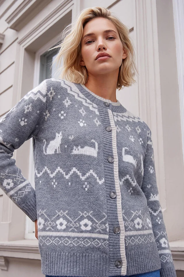 Roman Grey Cat Jacquard Cardigan