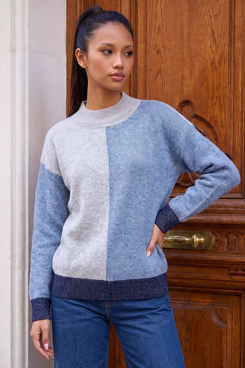 Roman Blue Petite Sequin Colour Block Jumper - 12 Image 1
