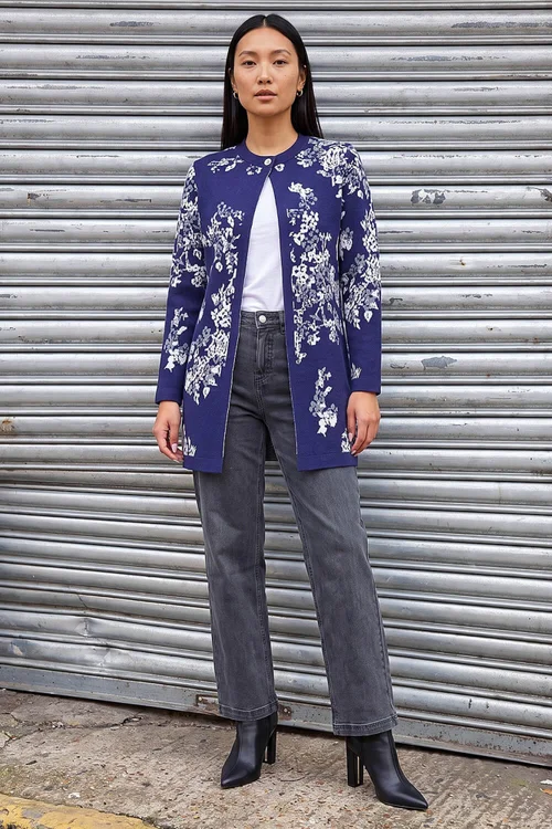 Roman Blue Floral Jacquard Knit Coatigan - 14 Image 2