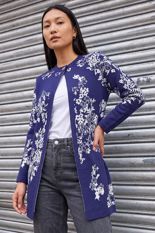 Roman Blue Floral Jacquard Knit Coatigan - 14 Image 1