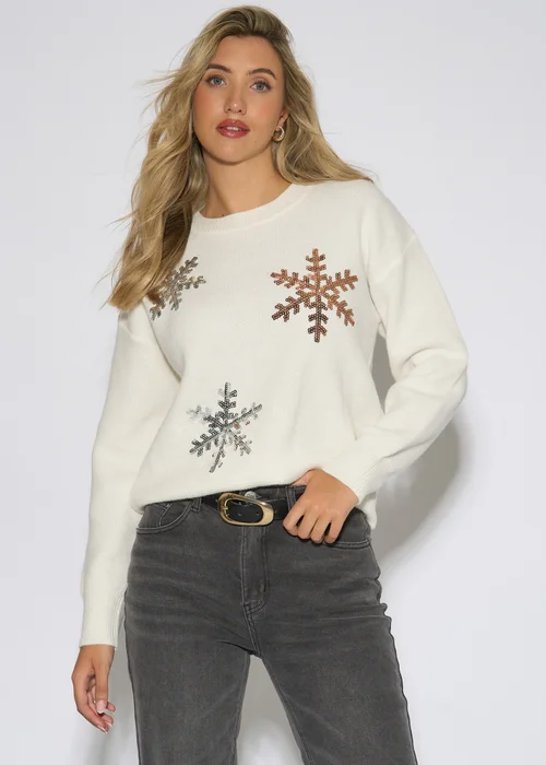 Gini London Off White Silver Sequin Snowflake Christmas Jumper - L/XL Image 1