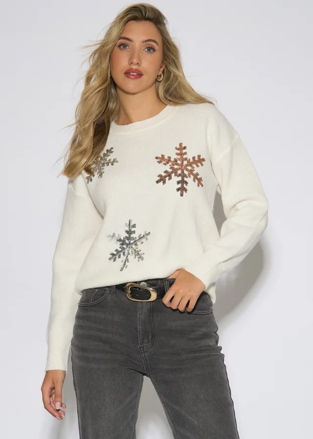 Gini London Off White Silver Sequin Snowflake Christmas Jumper