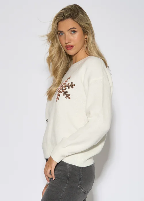 Gini London Off White Silver Sequin Snowflake Christmas Jumper - L/XL Image 4