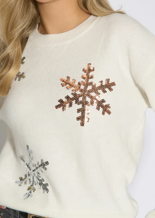 Gini London Off White Silver Sequin Snowflake Christmas Jumper - L/XL Image 3