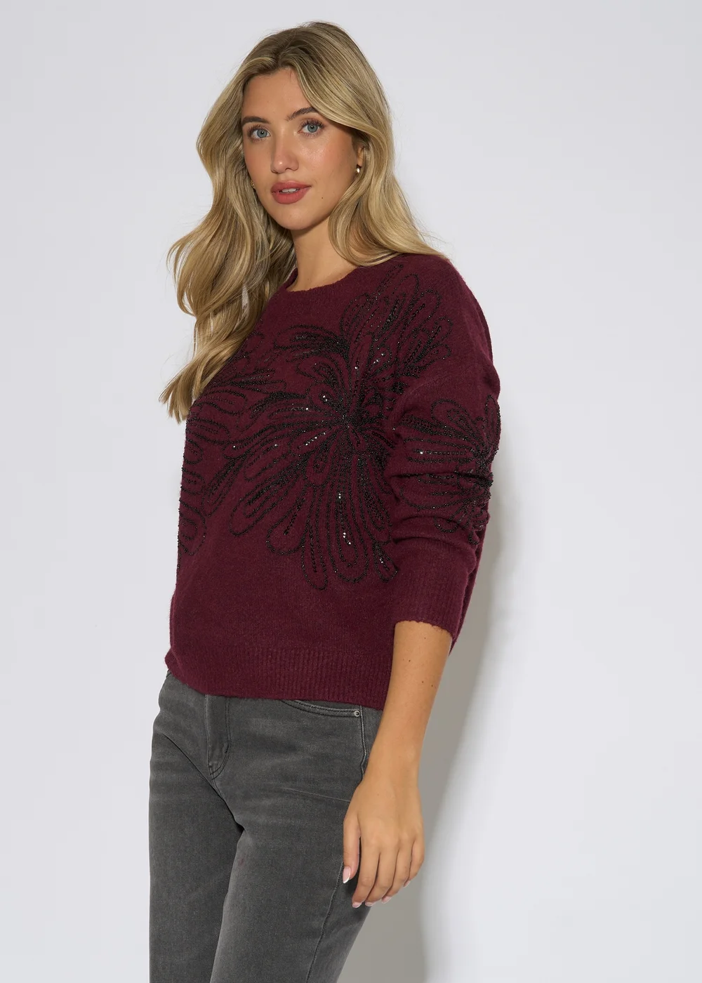 Gini London Mulberry Floral Beaded Recycle Content Mix Jumper - S/M Image 4