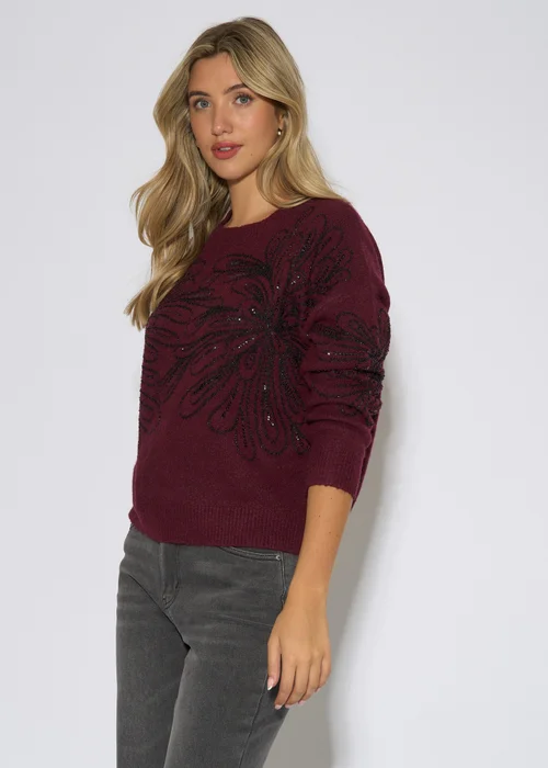 Gini London Mulberry Floral Beaded Recycle Content Mix Jumper - S/M Image 4