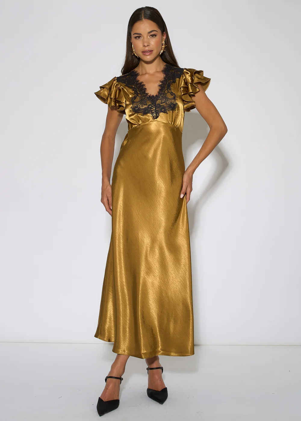 Gini London Gold Contrast Lace Satin Midi Dress - 14 Image 1