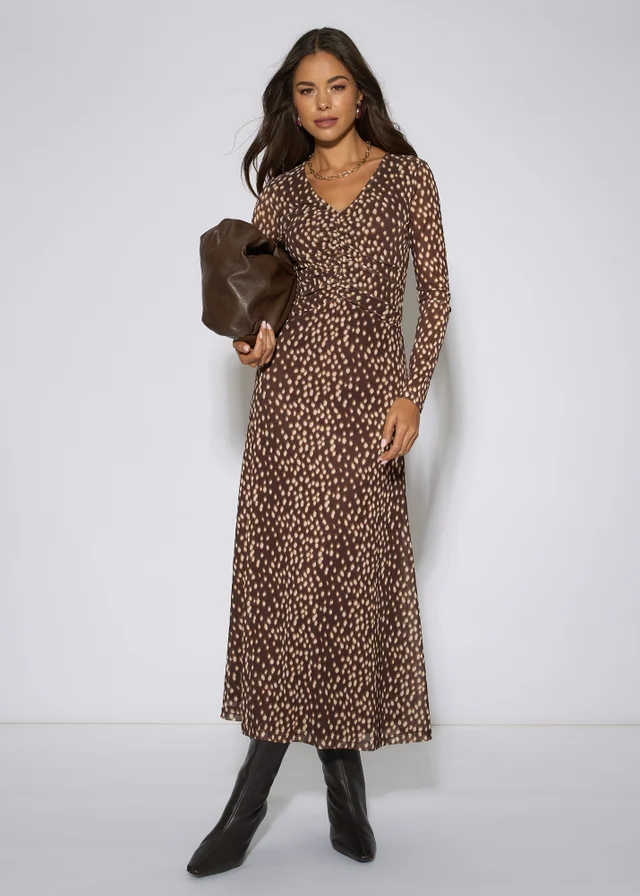 Gini London Brown Animal Mesh Ruched Front Midaxi Dress