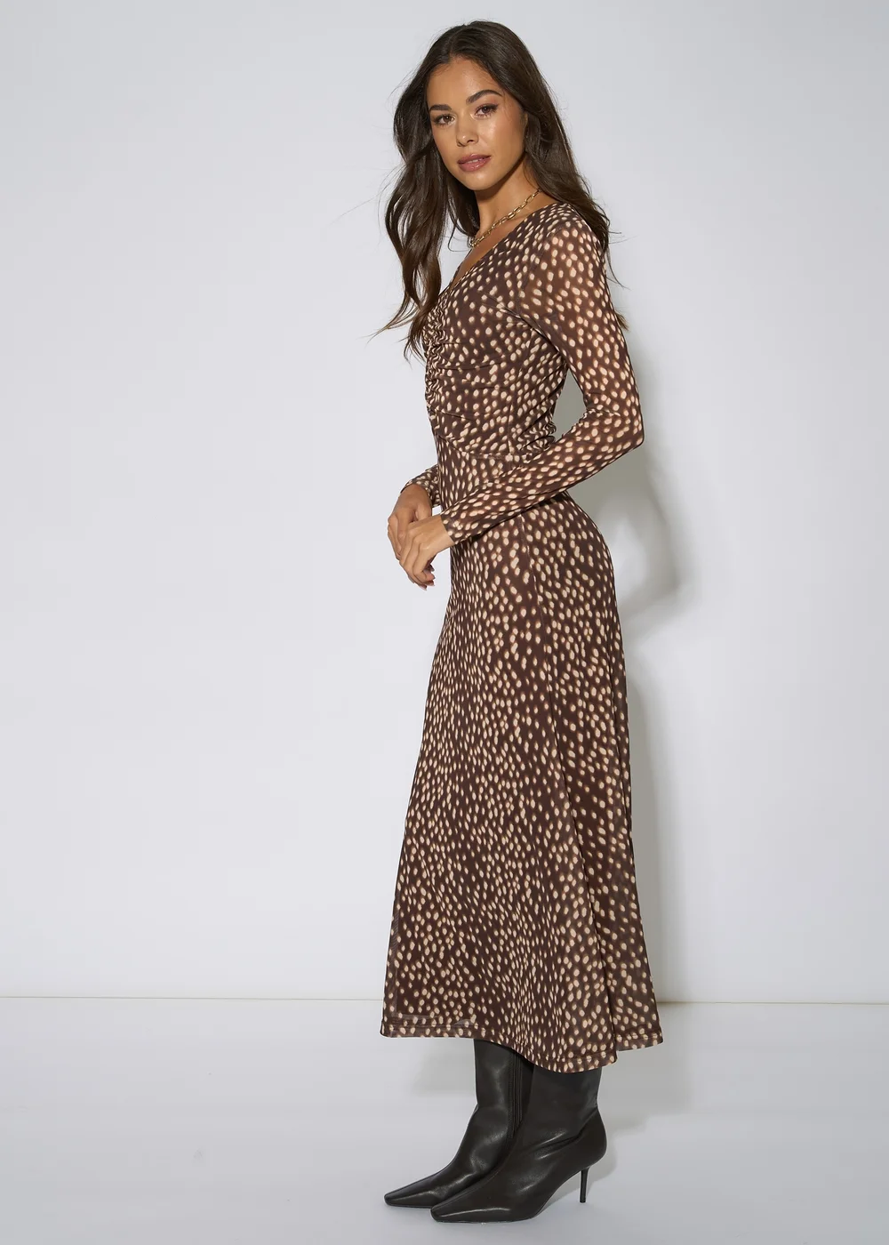 Gini London Brown Animal Mesh Ruched Front Midaxi Dress - 8 Image 5