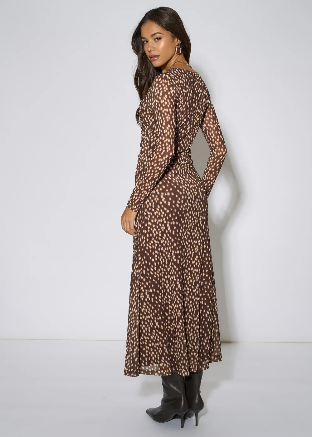 Gini London Brown Animal Mesh Ruched Front Midaxi Dress - 8 Image 3