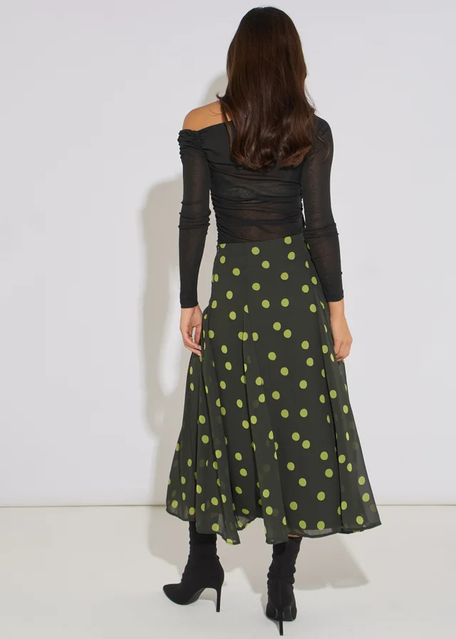 Gini London Green Lime Spot Satin Godet Midi Skirt