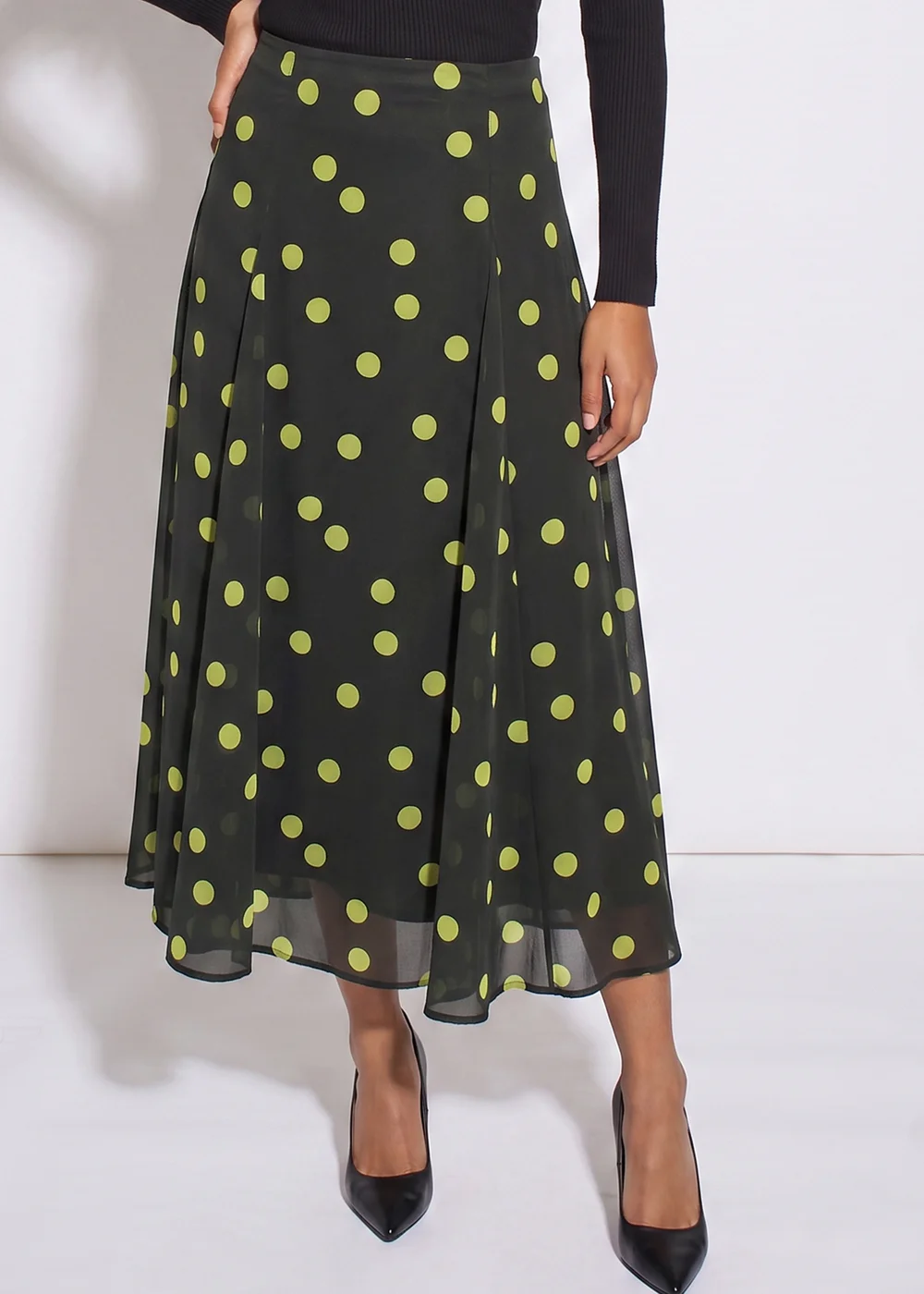 Gini London Green Lime Spot Satin Godet Midi Skirt - 8 Image 3