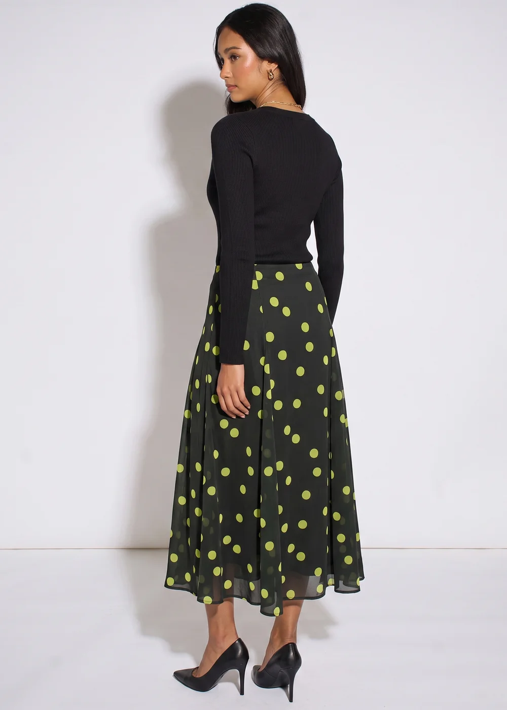 Gini London Green Lime Spot Satin Godet Midi Skirt - 8 Image 2