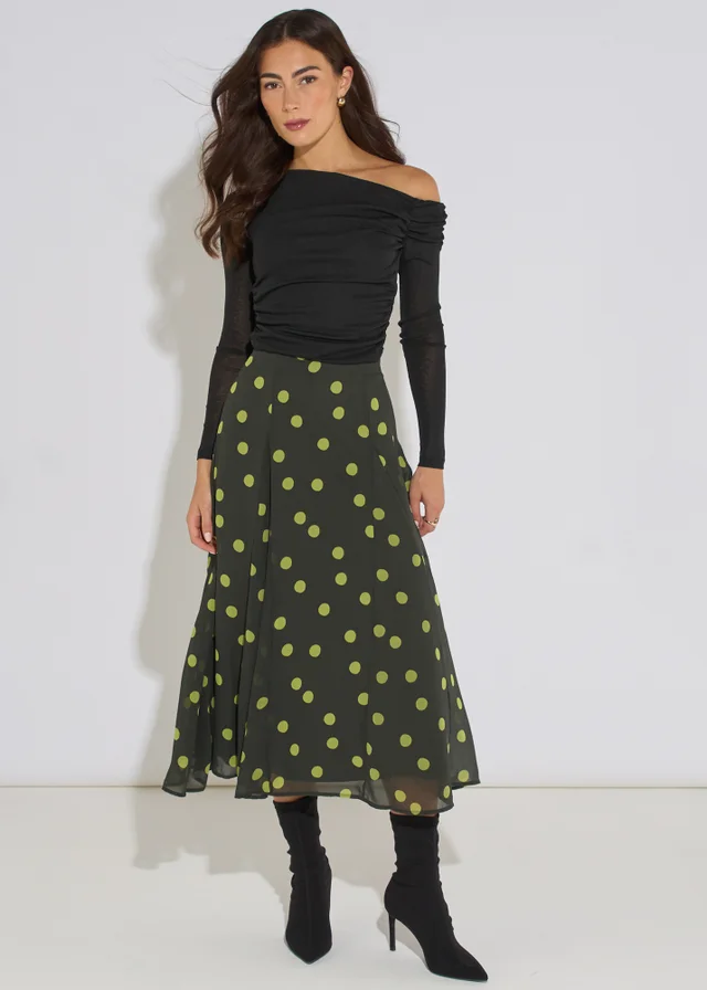 Gini London Green Lime Spot Satin Godet Midi Skirt