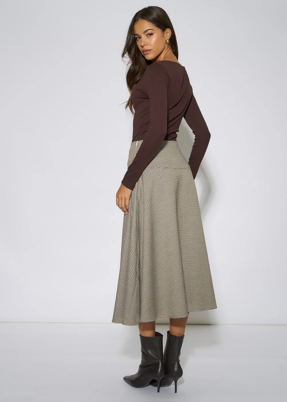 Gini London Brown Dog Tooth A Line Midi Skirt - 10 Image 2