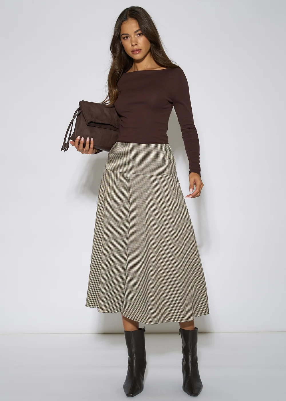 Gini London Brown Dog Tooth A Line Midi Skirt - 10 Image 1