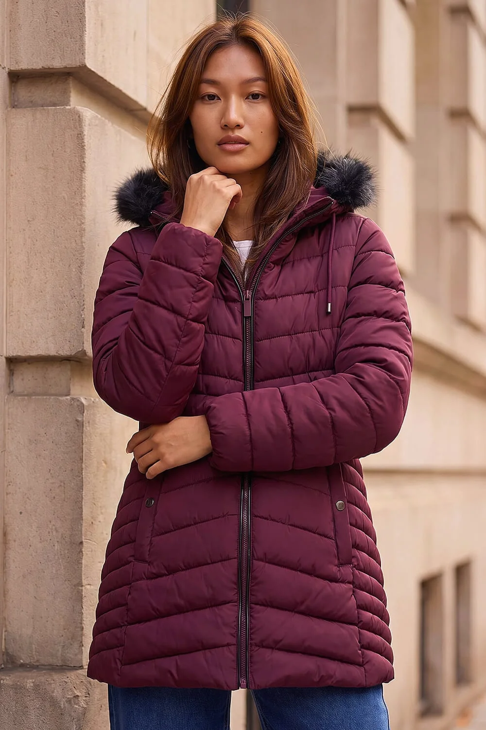 Roman Bordeaux Faux Fur Hooded Coat - 14 Image 1