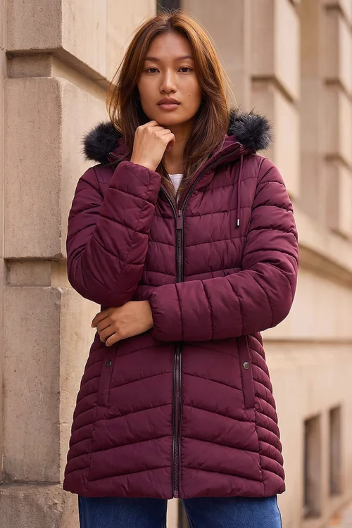 Roman Bordeaux Faux Fur Hooded Coat - 14 Image 1
