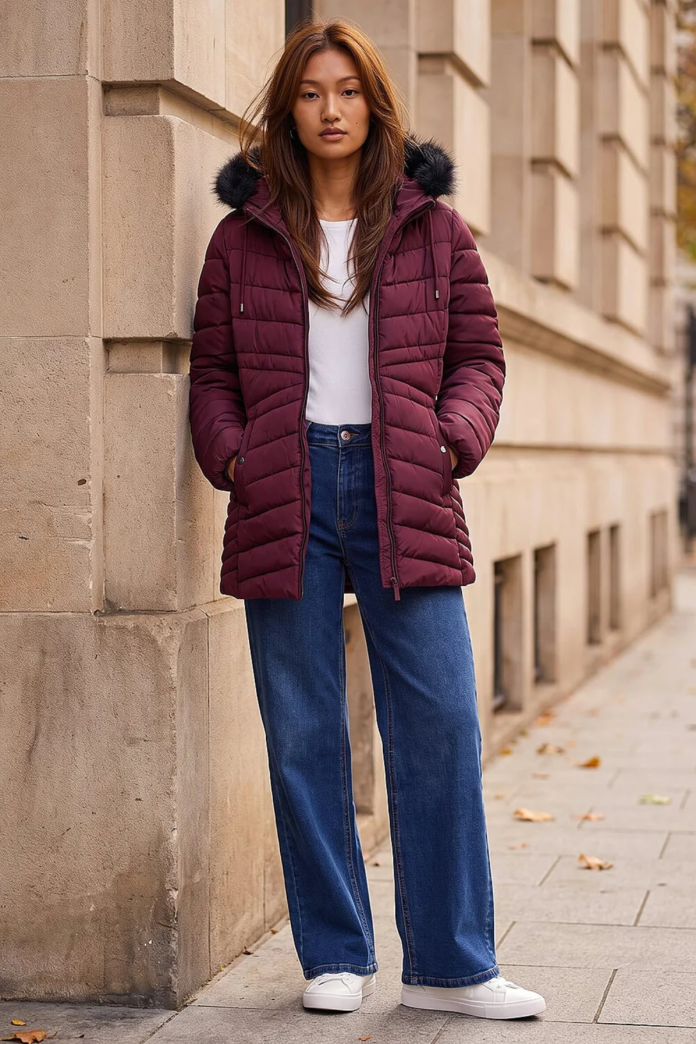 Roman Bordeaux Faux Fur Hooded Coat - 14 Image 2