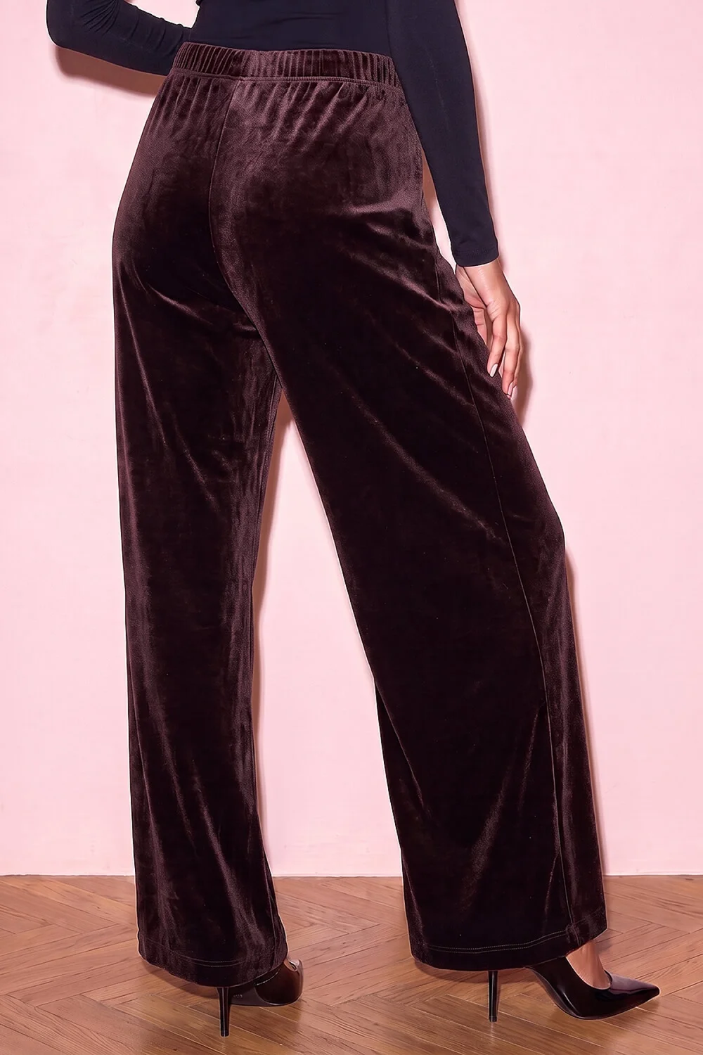 Roman Chocolate Petite Wide Leg Velvet Stretch Trouser - 8 Image 3