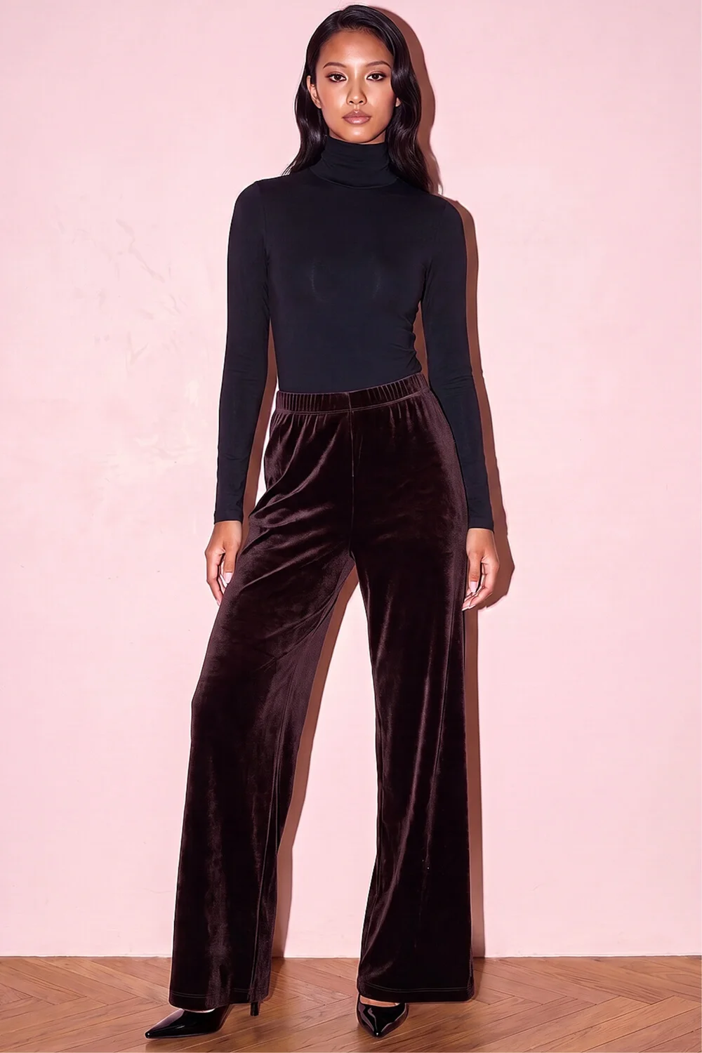 Roman Chocolate Petite Wide Leg Velvet Stretch Trouser - 8 Image 2