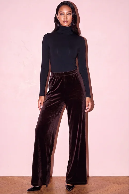 Roman Chocolate Petite Wide Leg Velvet Stretch Trouser - 8 Image 2