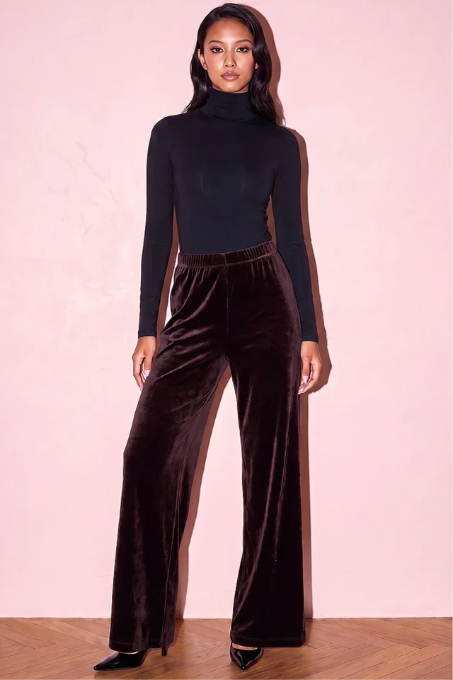 Roman Chocolate Petite Wide Leg Velvet Stretch Trouser