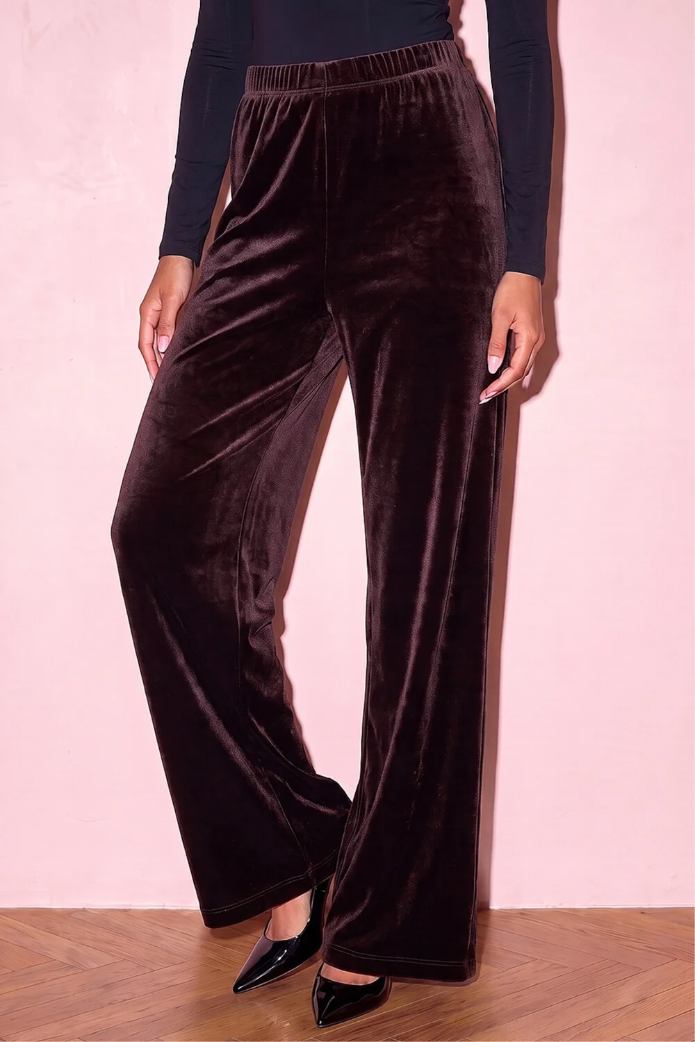 Roman Chocolate Petite Wide Leg Velvet Stretch Trouser - 8 Image 1