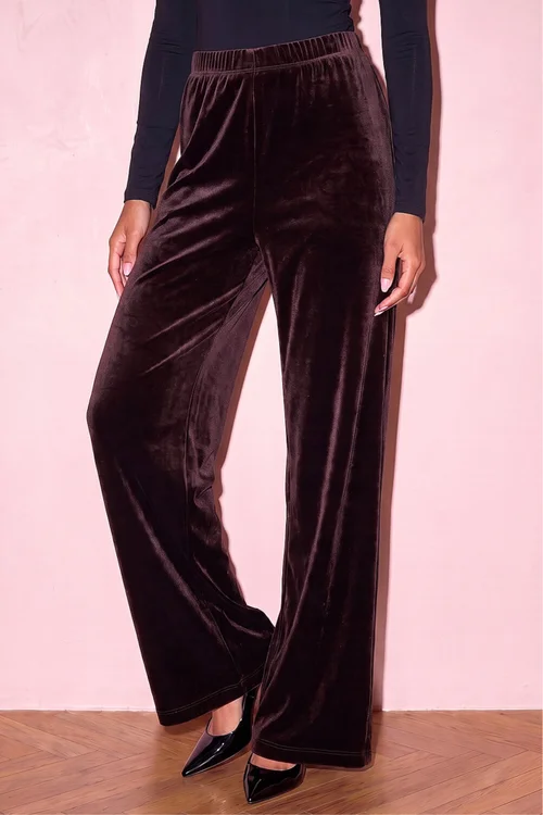 Roman Chocolate Petite Wide Leg Velvet Stretch Trouser - 8 Image 1