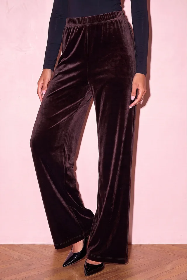 Roman Chocolate Petite Wide Leg Velvet Stretch Trouser