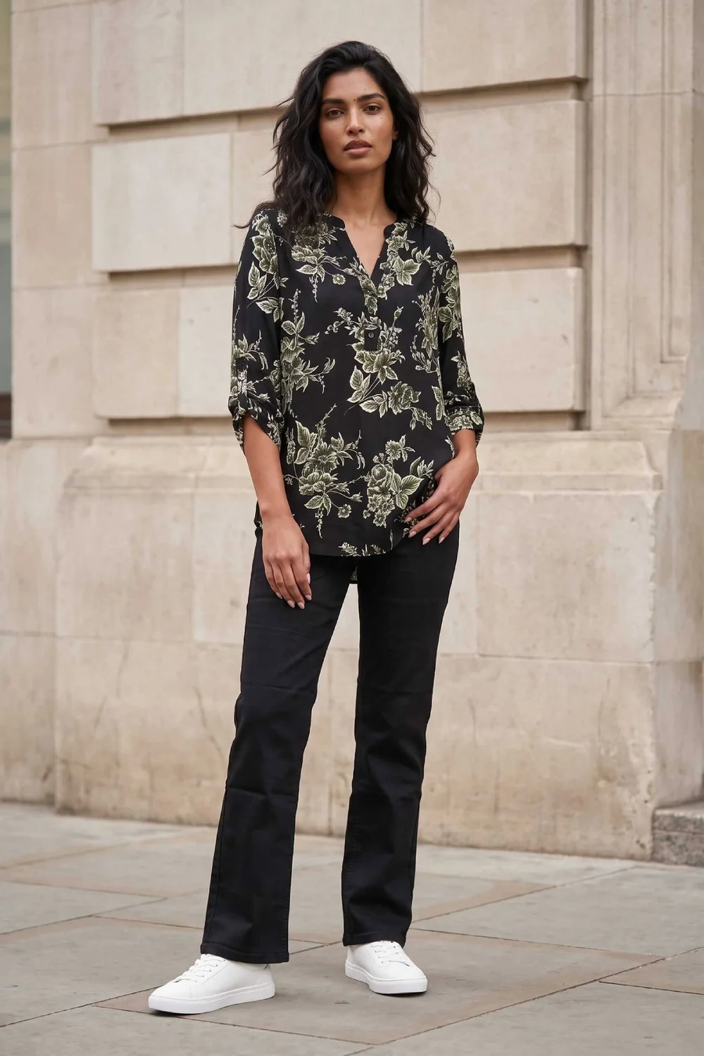 Roman Green Floral Puff Print Stretch Shirt - 18 Image 2