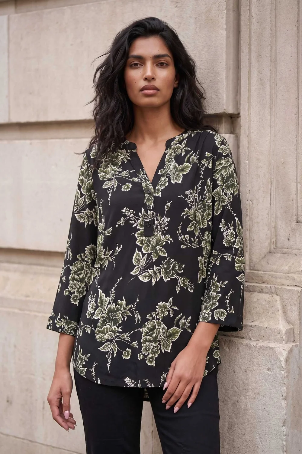 Roman Green Floral Puff Print Stretch Shirt - 18 Image 3