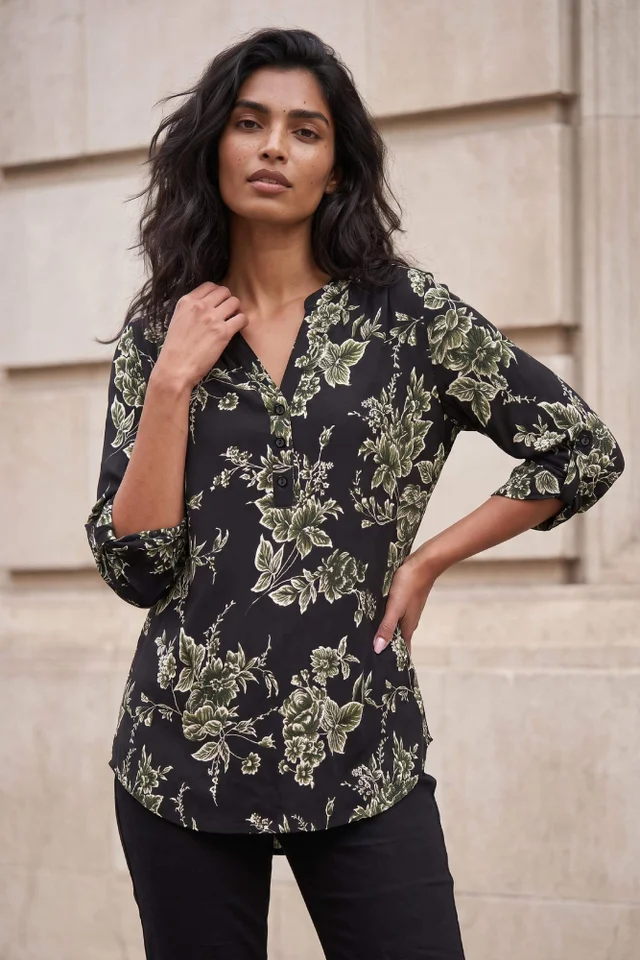 Roman Green Floral Puff Print Stretch Shirt