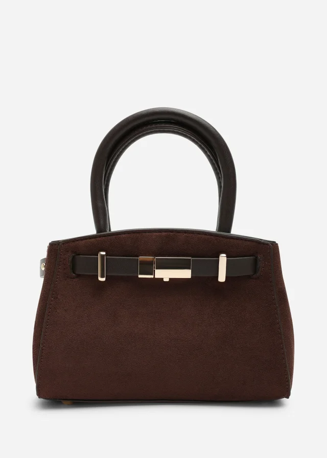 Where's That From Gavira Dark Brown Faux Leather Belt Lock Detail Mini Grab Bag