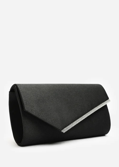 Where's That From Hivelle Black Satin Envelope Clutch Bag With Silver Diamante Detail - One Size Image 4