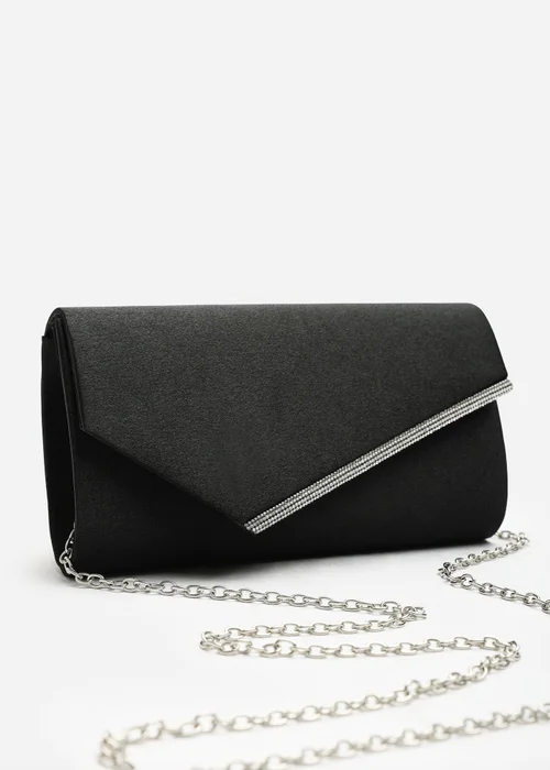 Where's That From Hivelle Black Satin Envelope Clutch Bag With Silver Diamante Detail - One Size Image 1